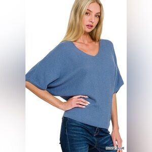 Zenana Outfitters Dusty Blue V-Neck Sweater